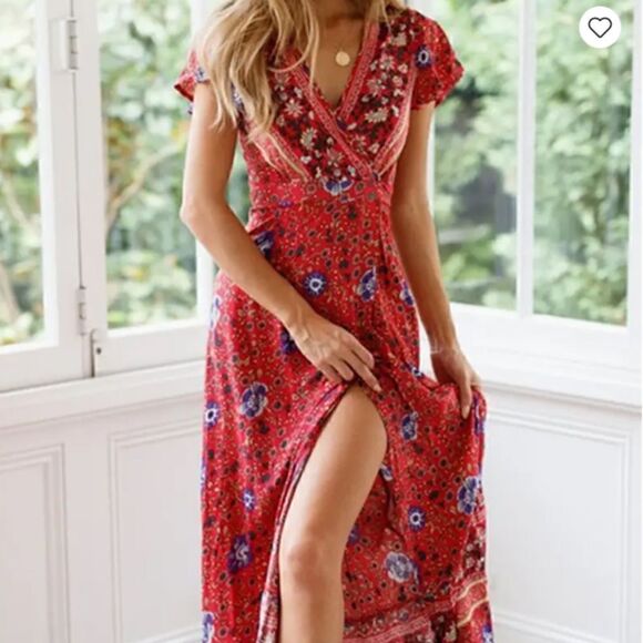 NEW! Boho Red Floral Print Wrap Around Maxi Dress V Neck Short Sleeve Easter - Picture 1 of 5